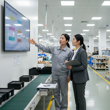 东莞BSCI验厂现场-管理人员向审核方解释生产流程与管理逻辑